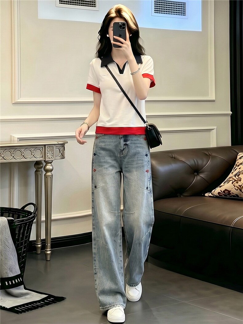 学院风网红时尚套装女夏新款翻领撞色拼接上衣阔腿牛仔长裤两件套,女装套装/套裙,江南