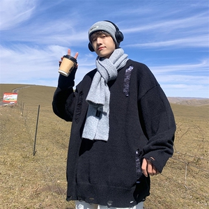 冬季毛衣男宽松圆领拼接针织衫上衣D329-QM815-P65-控88图片