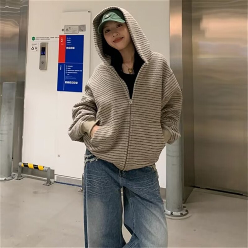 1506/QF400/P77美式复古条纹拉链开衫连帽卫衣男女情侣重磅外套图片