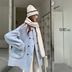 蓝色双面羊毛大衣女中长款秋冬新款韩系小个子学院风减龄毛呢外套，女装双面呢大衣，网红馆