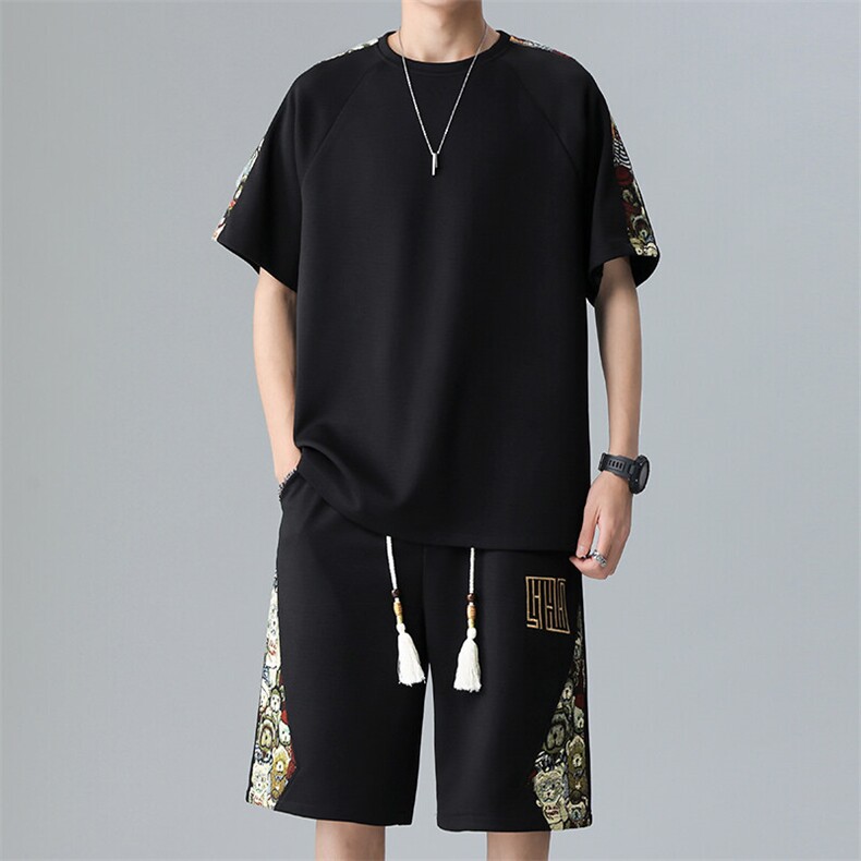 刺绣休闲运动套装短裤夏季T恤套装拼接两件套潮A266-TZ9958-P50,男装牛仔裤,电商A266