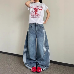 美式条纹弯刀阔腿牛仔裤男女秋季街头宽松百搭拖地长裤AMG206 P56图片