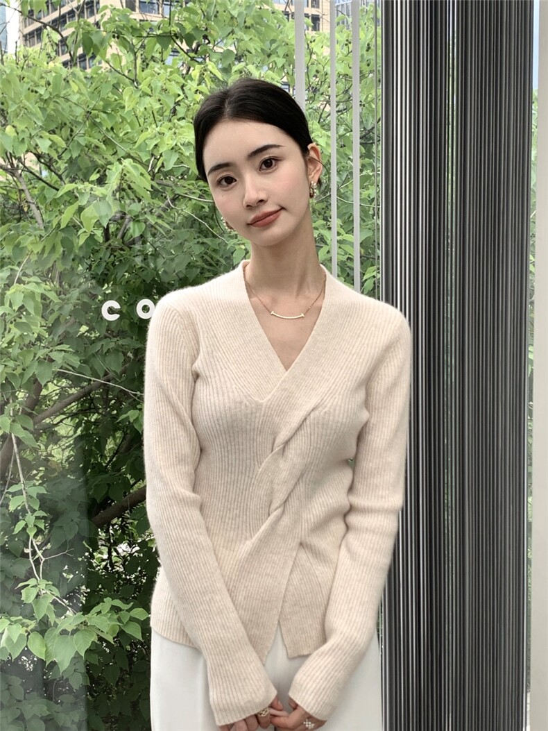 秋冬新款v领衫女修身套头毛衣保暖上衣针织衫打底,针织衫/毛衣,玛卡隆羊绒
