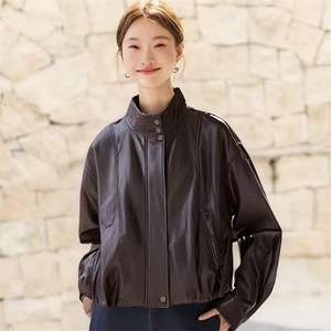 （现货）新款简约时尚摩登复古拼接格子皮衣外套女图片