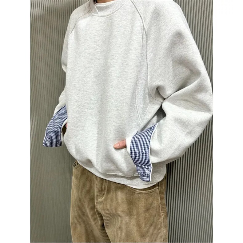 网图有货假两件撞色格子拼接卫衣男女宽松圆领套头上衣A907-P60,男装卫衣,星座1505