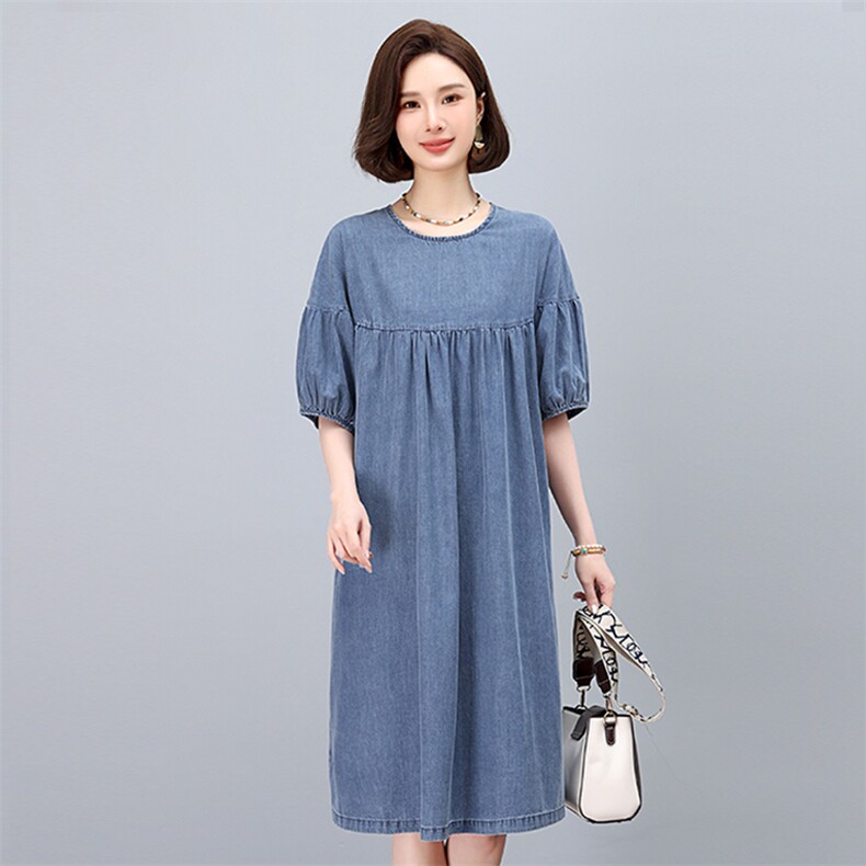 中年妈妈牛仔连衣裙女中长款2025夏季新款宽松遮肚子显瘦减龄裙子,女装连衣裙,悦见她