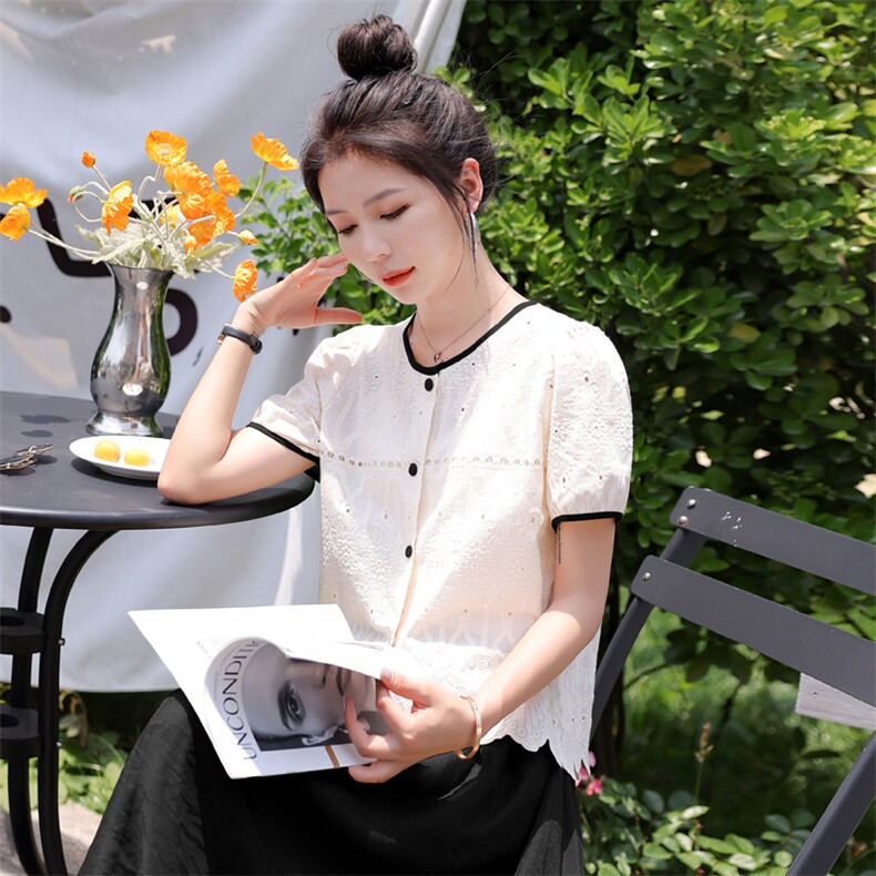 衬衫女夏2025夏季高级感气质减龄显瘦花边撞色短袖上衣,女装衬衫,木子恋