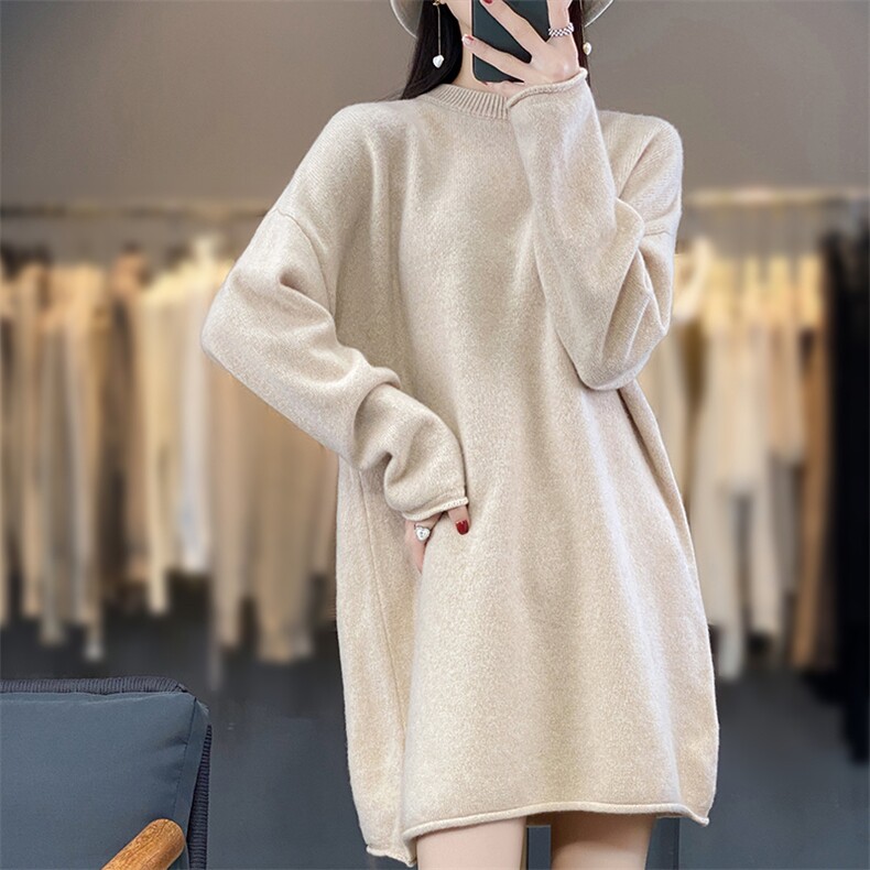 羊毛衫秋冬新款针织连衣裙女圆领中长款宽松打底毛衣裙图片