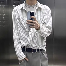 秋季新款竖条纹衬衫男女日系复古痞帅高级感宽松休闲长袖衬衣潮，男装衬衫，星座506A