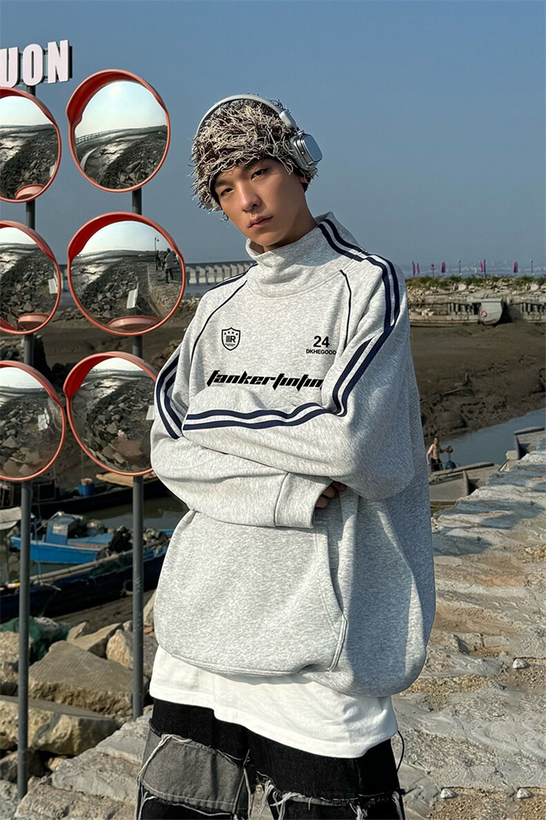 W8903加绒-P72秋冬大码纯棉男女同款两条杠加绒加厚立领卫衣,男装卫衣,星座109