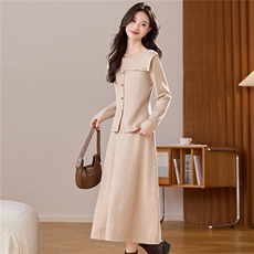 法式优雅风一字肩针织衫半身裙套装女秋冬新款气质显瘦毛衣两件套，女装羊毛衫，艾米