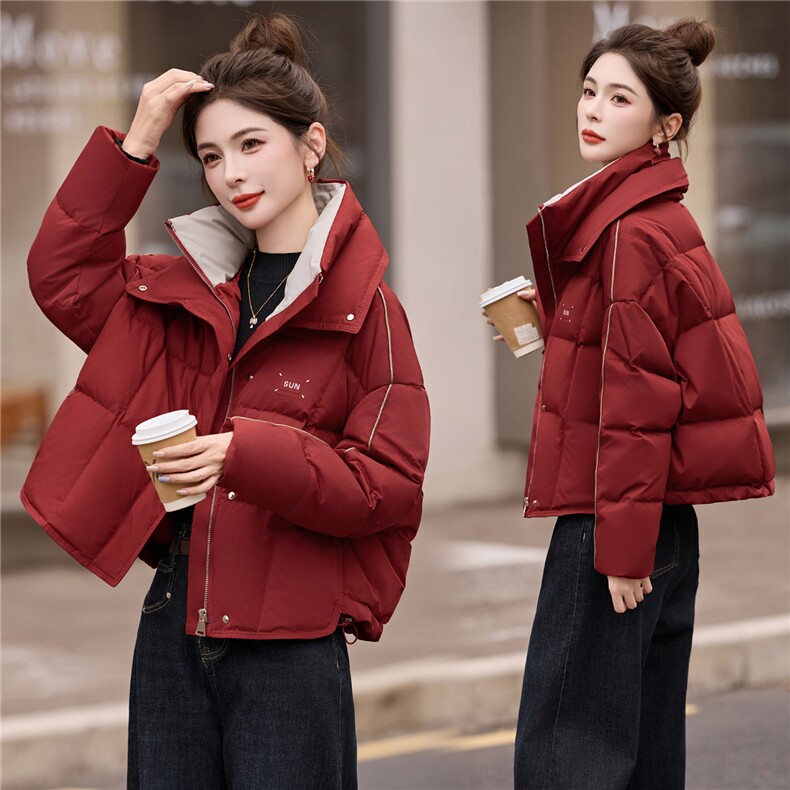 时尚撞色双层领短款羽绒服女2025冬季加厚保暖90白鸭绒面包服外套,女装羽绒服,艾尚靓装
