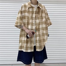 复古格子设计感短袖衬衫男女港式款衬衣CS44，男装衬衫，星座1116A-1（原606A）