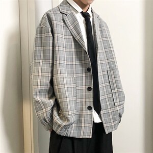 春季网红宽松小西装外套男韩版潮流ins格子休闲西服A071-X02-P80，男装西服，电商A071