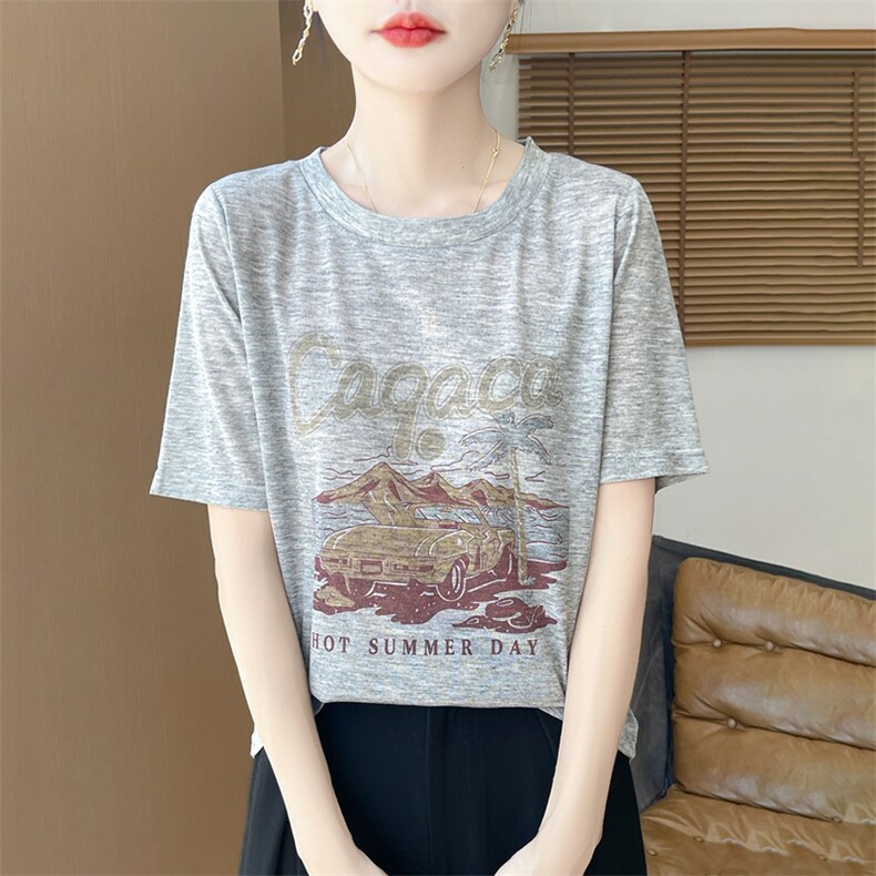 圆领夏季新款短袖宽松百搭T恤背心上衣小众别致气质上衣,女装T恤,绒宛羊绒