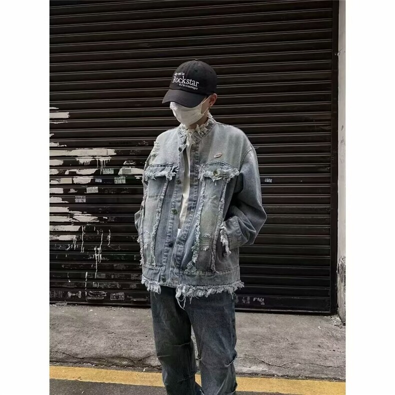 水洗做旧流苏毛边牛仔夹克男女复古潮牌休闲情侣外套上衣JK8896,男装夹克,星座208-5