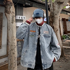 美式机车牛仔外套男士2025新款青少年撞色立领宽松拉链夹克，男装夹克，星座601-1