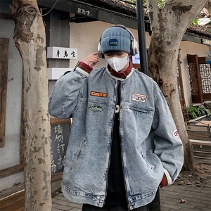 美式机车牛仔外套男士2025新款青少年撞色立领宽松拉链夹克图片