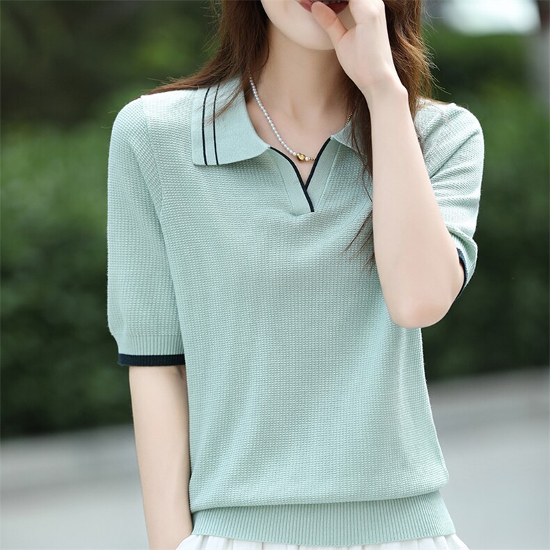 2025夏新款Polo领桑蚕丝短袖女休闲轻薄透气时髦羊毛针织T恤绿色，女装针织衫/毛衣，冀清阳荣