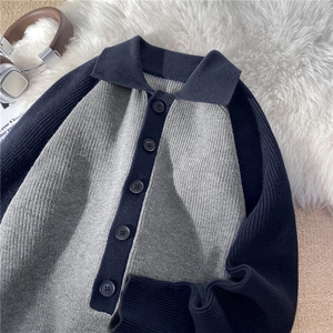 M680特P68假两件开衫针织衫男春秋季潮牌拼接慵懒风休闲毛衣外套图片