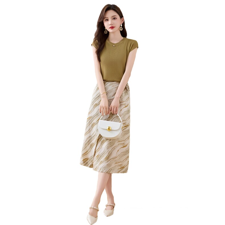 轻熟风时尚气质套装裙女2025夏新款冰丝短袖上衣印花半身裙两件套,女装套装/套裙,牡丹诺