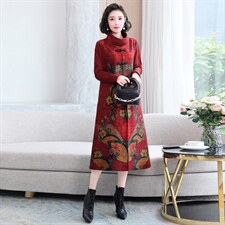 2022秋季女装新款时尚洋气民族风盘扣定位花长款连衣裙，女装连衣裙，魅衣本色