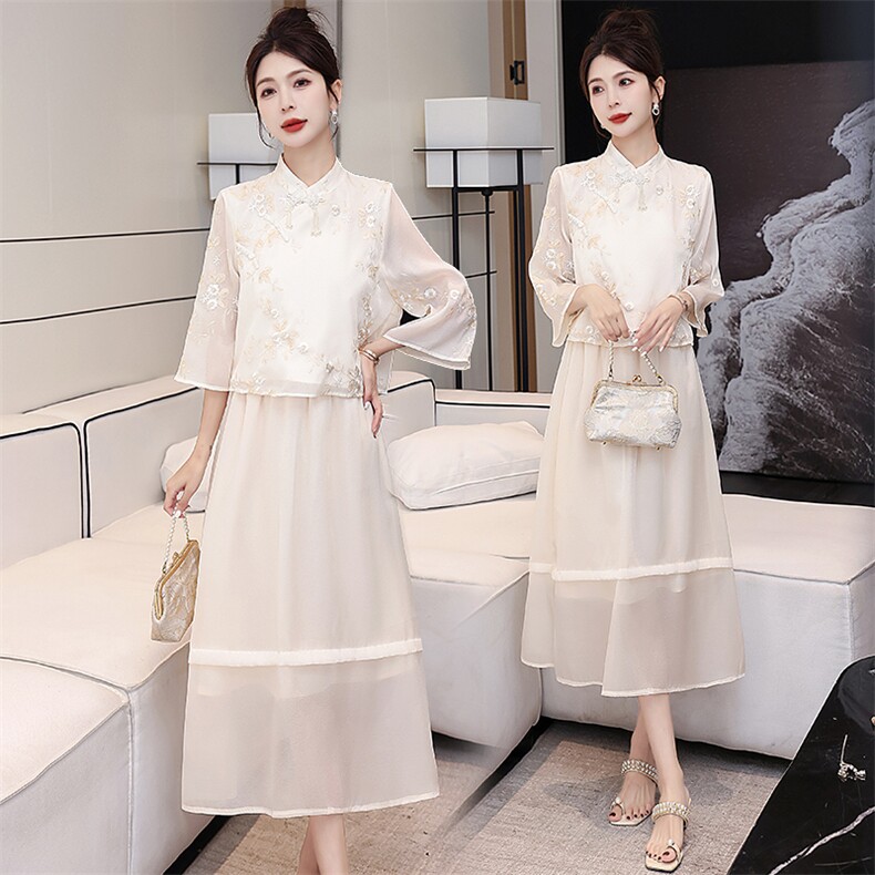 新中式国风刺绣套装裙女2024夏季新款五分袖改良旗袍半身裙两件套，女装套装/套裙，润尚靓点
