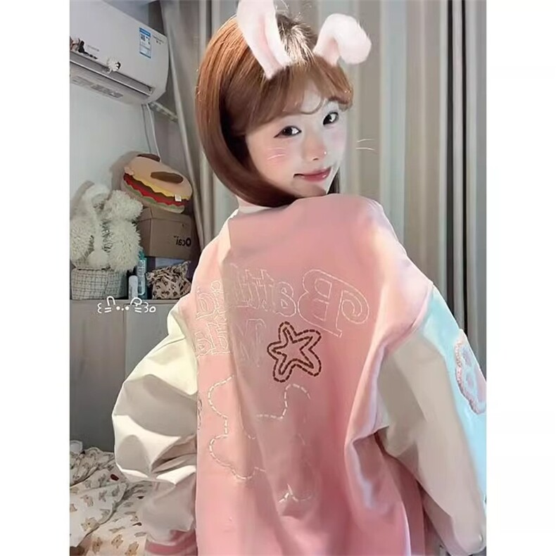 2025年新款美式复古猫爪刺绣撞色棒球服慵懒风宽松百搭外套,女装短外套,星座506A