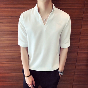 春夏休闲男士半袖衬衣V领松紧收腰五分袖衬衫CS63/P5575图片