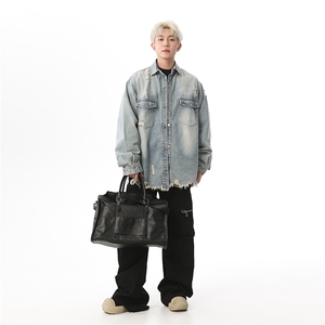 潮牌牛仔服外套男翻领破洞宽松上衣青年春新款休闲夹克JK1175-P70图片