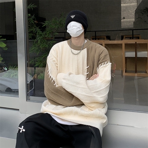 秋冬男圆领套头毛衣条纹拼色穿孔抽绳针织衫休闲外套M627 P55图片