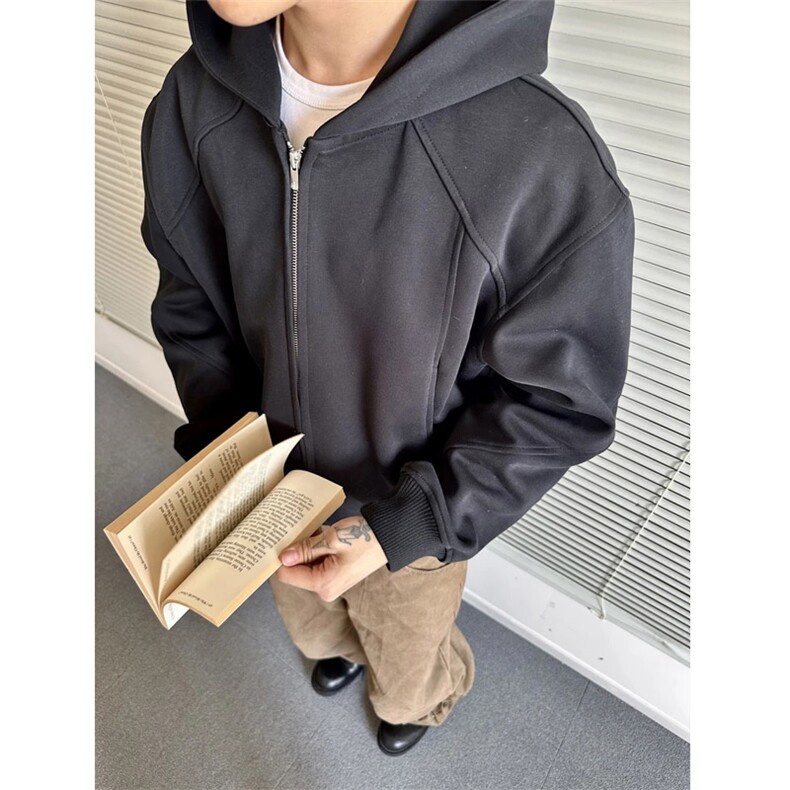 美式高街重磅春季通勤剪裁解构纯色卫衣休闲连帽拉链短款外套男女，女装短外套，四季星座505