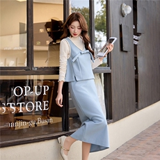 设计感洋气套装裙女2026冬新款拼接马甲打底衫半身裙三件套套装，女装套装/套裙，冬木谷雨