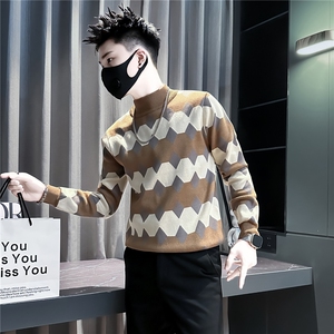 高级感痞帅菱格半高领毛衣修身社会小伙店主风301C-M113-P78控108图片