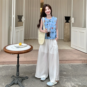 碎花蓝色刺绣无袖衬衫阔腿裤套装女夏两件套巨好看流行小众不撞款图片