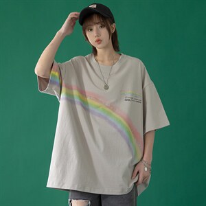 2023夏季新款 港风 中性风宽松圆领彩虹印花半袖T恤 T30-P28图片