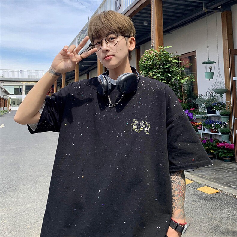 可48小时发货支持抖音得物来样二开美式满天星亮片短袖T恤MTX634,男装T恤,电商A486