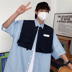 2023夏季拼接短袖衬衫男假两件日系情侣休闲衬衣NC01P45