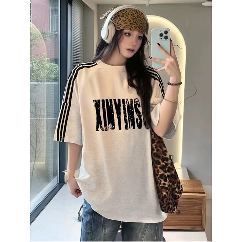 抖音得物品质二开240克宽松纯棉美式潮牌印花三条杠中性风短袖T恤,男装T恤,电商A486-1