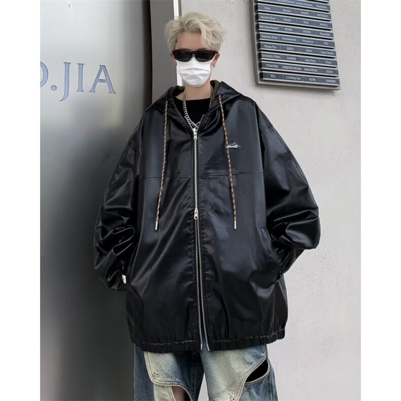 PU皮衣连帽夹克男春秋街头潮牌宽松上衣休闲宽松外套W9279-P70图片