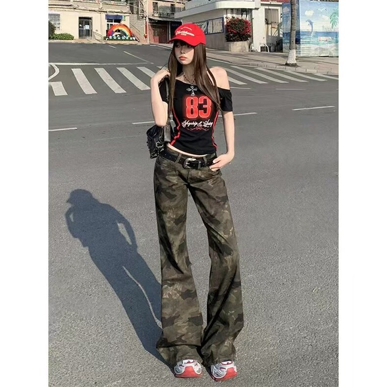 美式迷彩微喇低腰牛仔裤女2025夏季新款复古显瘦不贴腿工装喇叭裤，男装牛仔裤，星座506A