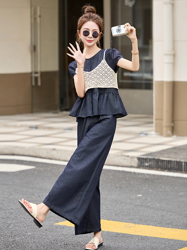 牛仔套装女2025夏季新款韩版宽松显瘦阔腿裤镂空吊带三件套,商品下架区,韩然一族