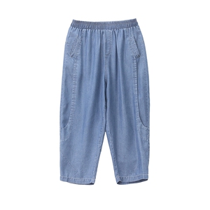 妈妈休闲天丝牛仔裤子夏款薄款宽松洋气哈伦萝卜七分裤中老年夏装图片