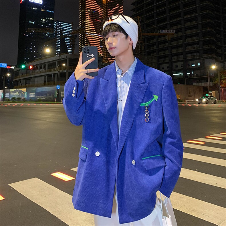 20234秋冬新款原创港风西服撞色灯芯绒休闲西服外套蓝GX08-P40,男装西服,电商B277A（原A068）