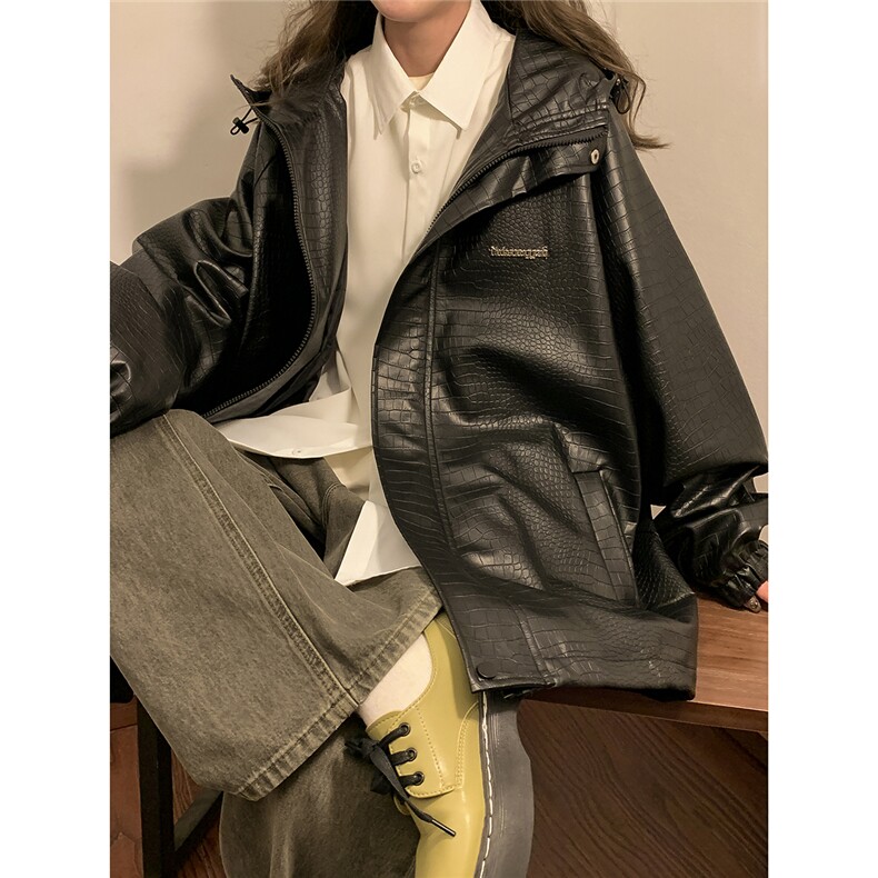 中性连帽鳄鱼纹PU皮衣大码M-5XL情侣休闲冲锋衣夹克男JK8744P90控，男装皮衣，星座227-7