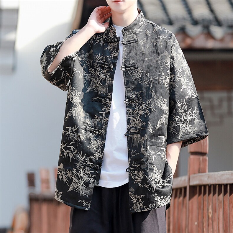 现货新中式风新款大码立领盘扣提花中袖衬衫A021-T2561-P65,男装衬衫,电商A021