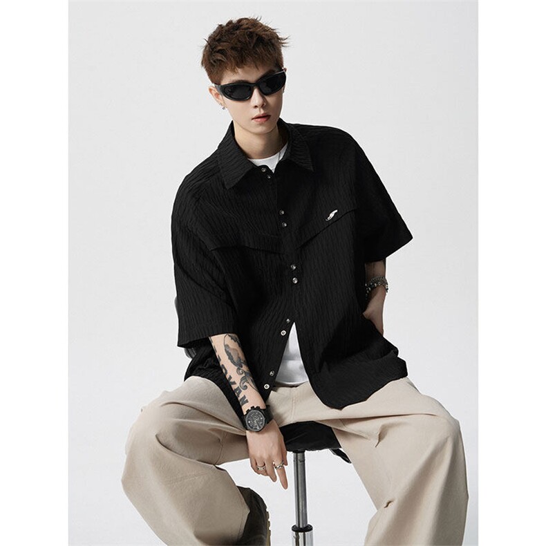 CS1140特-特批40控78肌理纹oversize宽松情侣短袖短袖大码衬衫,男装T恤,电商A059