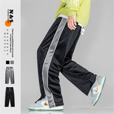 2025春夏新款丝绒发光开衩拼接直筒裤休闲裤黑色GK67-P55，男装休闲裤，电商B277A（原A068）