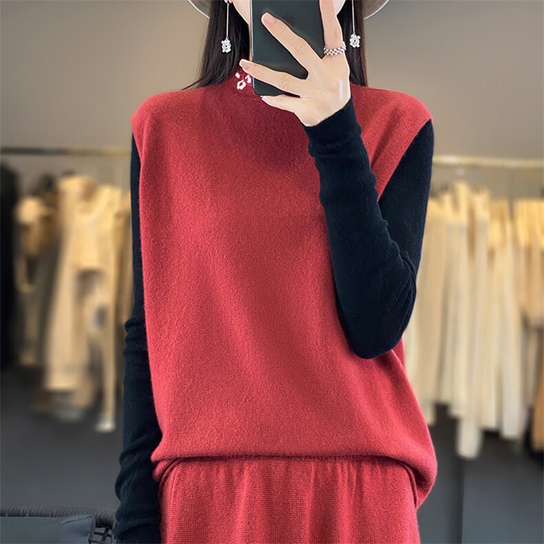 羊毛针织马甲女半高领宽松卷边无袖毛衣坎肩背心，女装马甲，江南羊绒