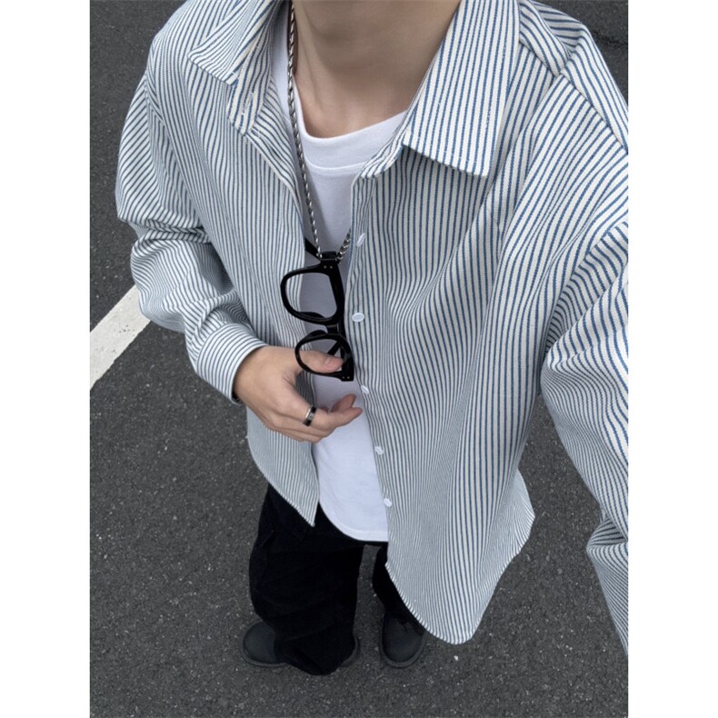美式ins高街暗黑宽松条纹长袖衬衫SY2540-S-3XL-特P35,男装衬衫,星座417-1（原电商B245）